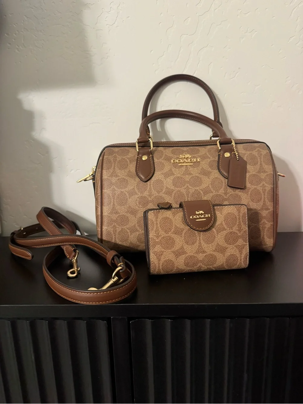 Coach Brown Signature Rowan Satchel Bag with Matching Wallet